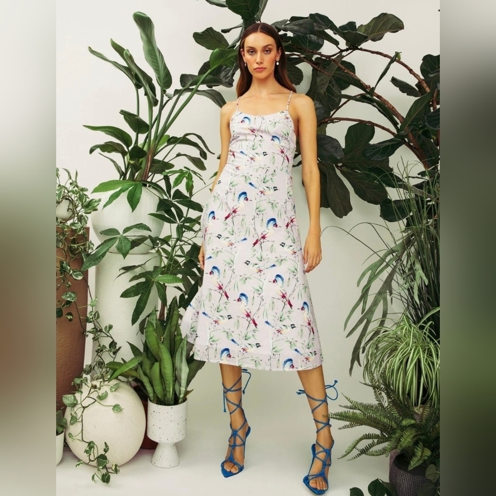 NWT Hilary Macmillan Lace Up Back Cotton Midi Dress Tropical Birds Print